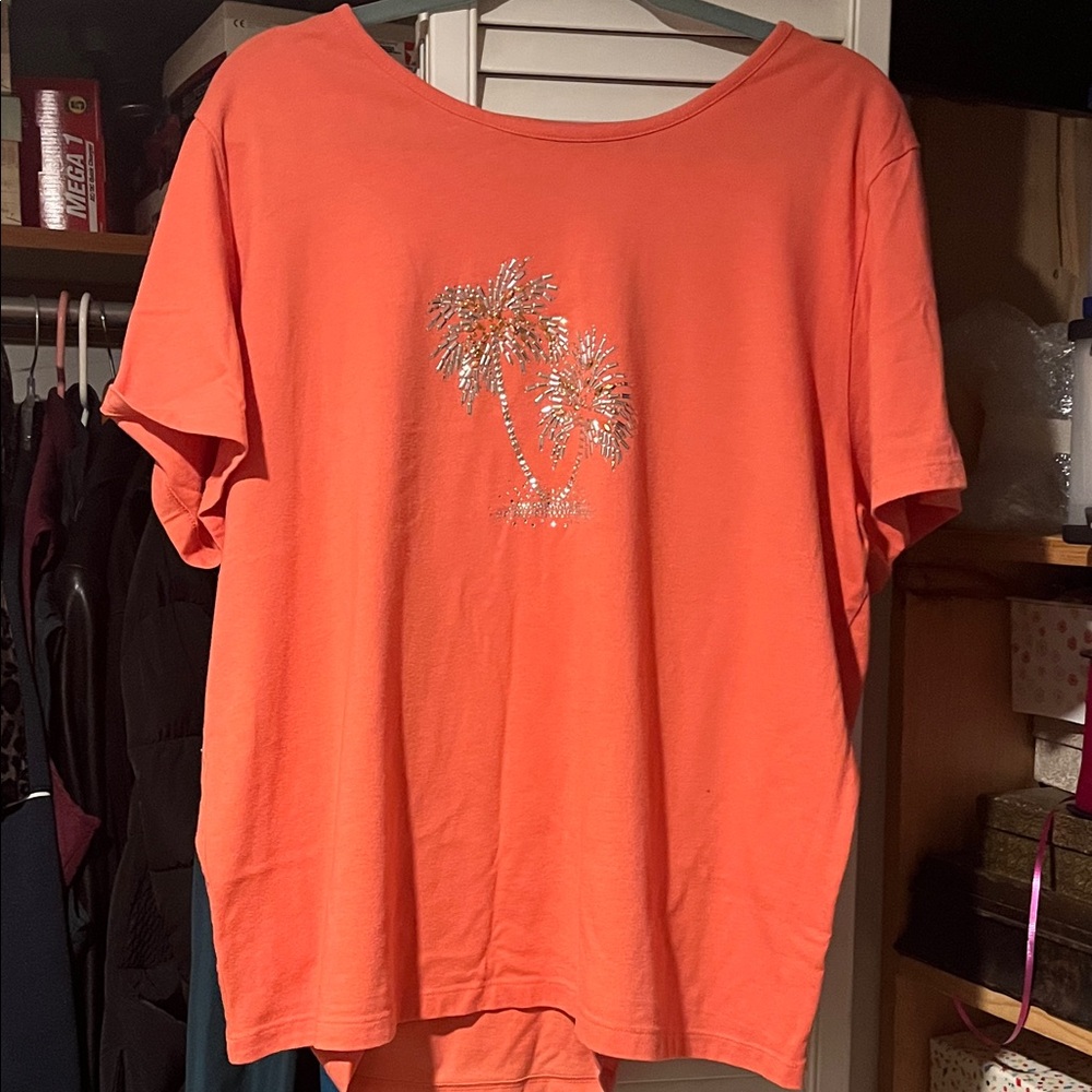 Coral Bay Bright Orange Tee with Palm Design